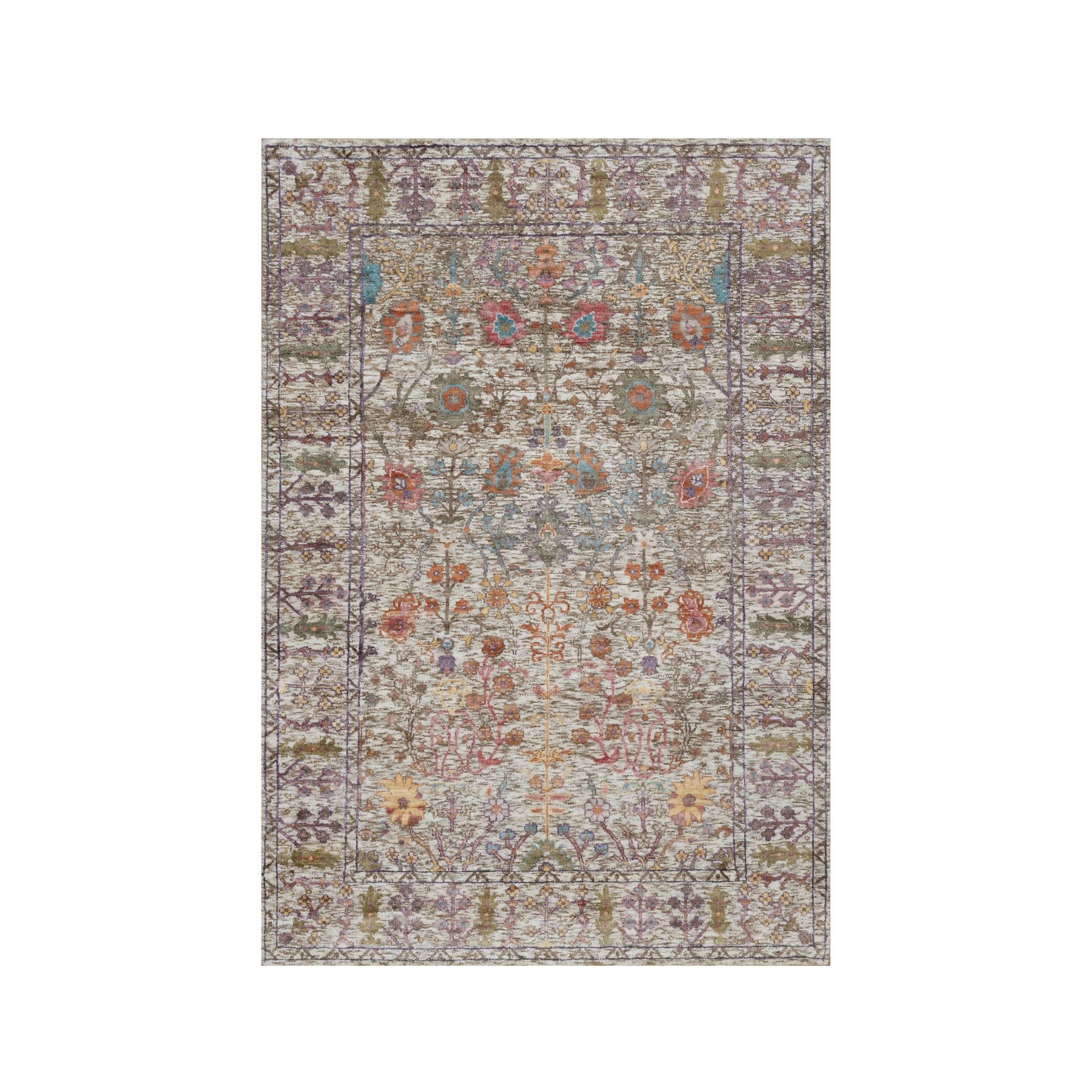 4'x6'1" Daisy White with Brown, Silk with Textured Wool, Hand Knotted, Directional Vase Design, Oriental Rug 